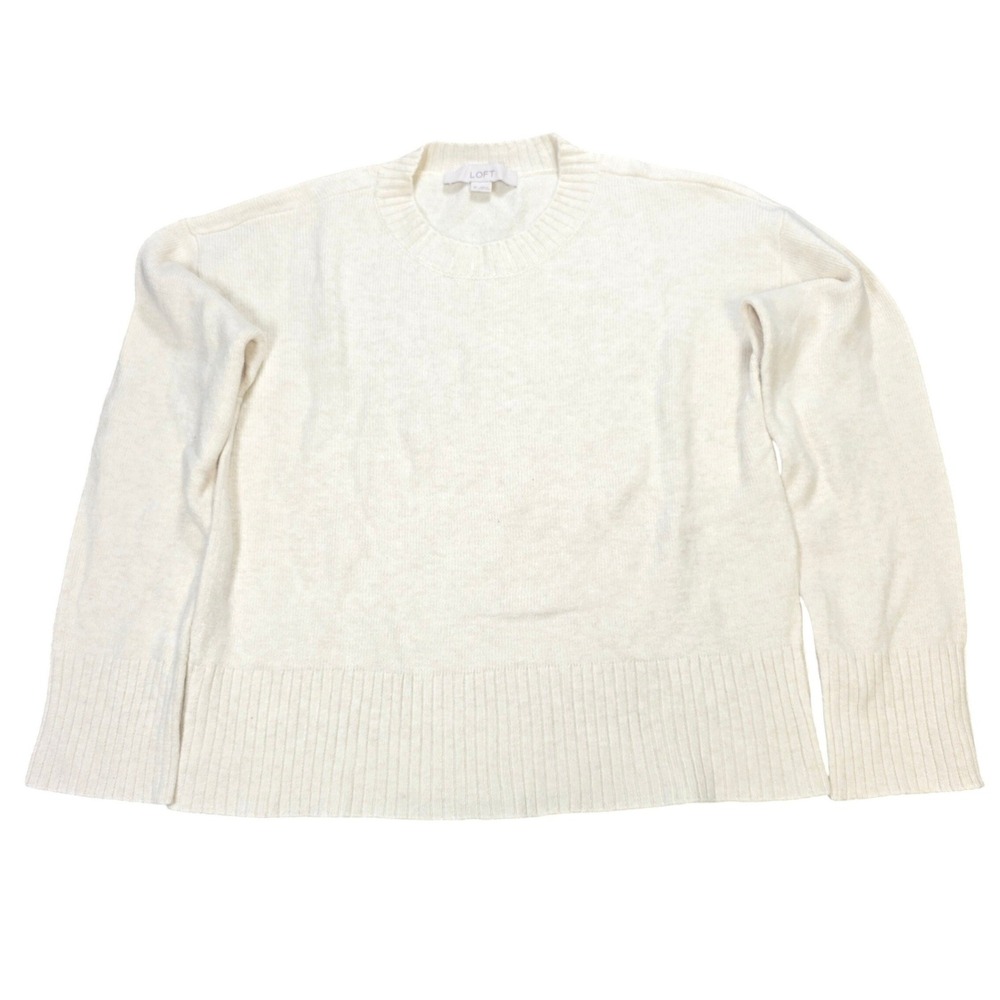 LOFT Crewneck Ribbed Knit Sweater Women's Size XS Cream Ivory Cotton Relaxed Fit